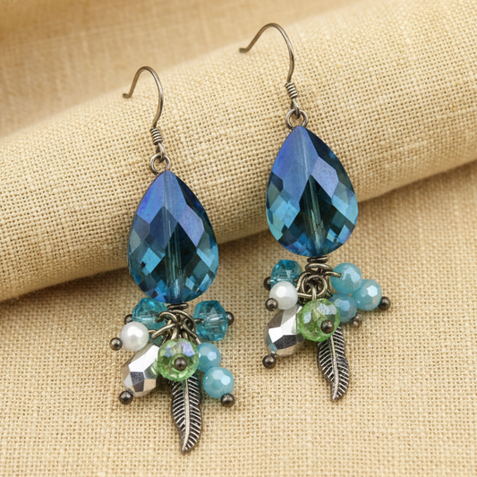 Funky Feather - Sparkle Bead - Iridescent Blue Hook Earrings