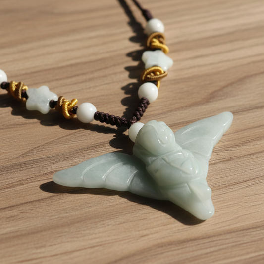 Angel Carved Natural Stone Pendant - Star Beaded Black Woven Necklace