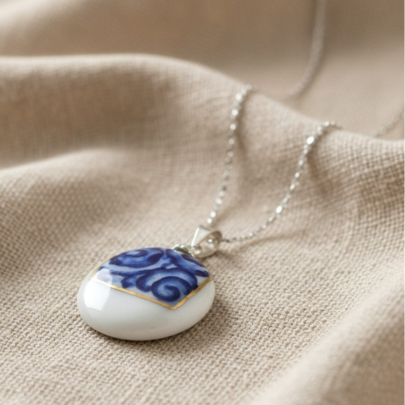 Hand Painted Ceramic - Silver Pendant Necklace