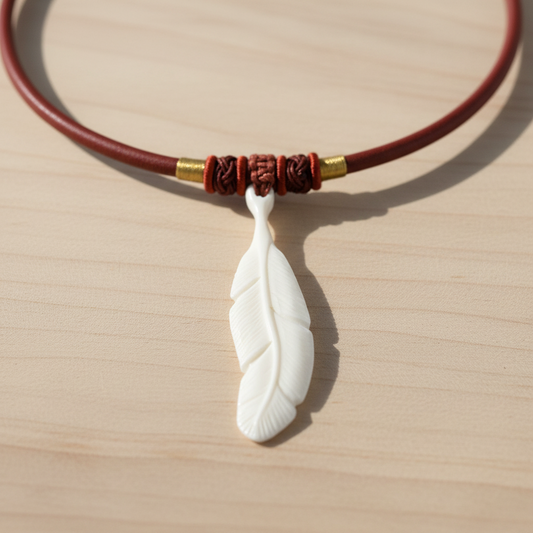 Hand Carved Sacred Feather Pendant - Bone Pendant - Rusty Copper Woven Necklace