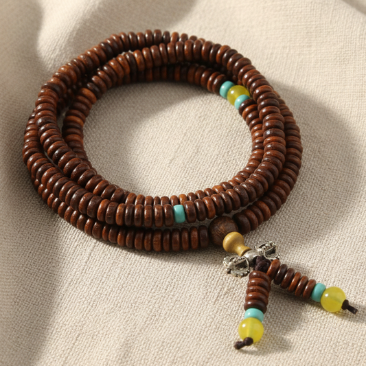 Brown Wood & Yellow Turquoise Offset Mala Necklace