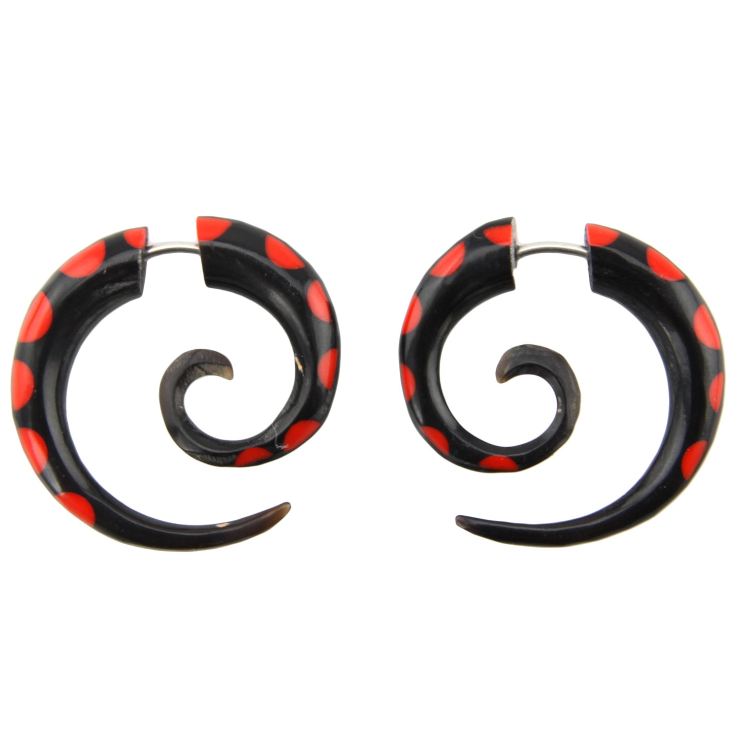 Hand Carved Horn Red & Black Small Spiral Earrings - Steel Posts – Evolatree Jewelry
