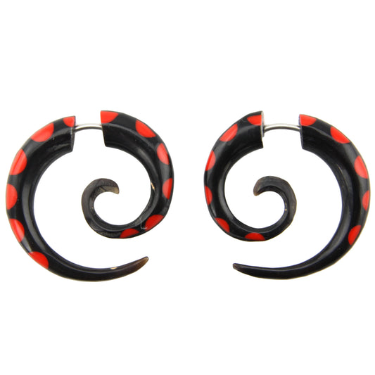 Hand Carved Horn Red & Black Small Spiral Earrings - Steel Posts – Evolatree Jewelry
