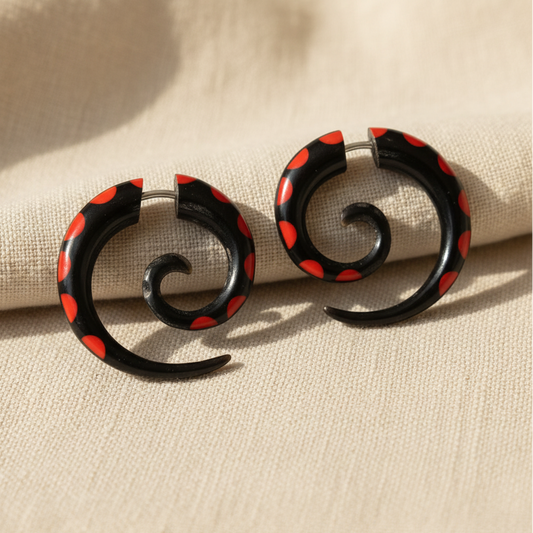 Hand Carved Horn Red & Black Small Spiral Earrings - Steel Posts