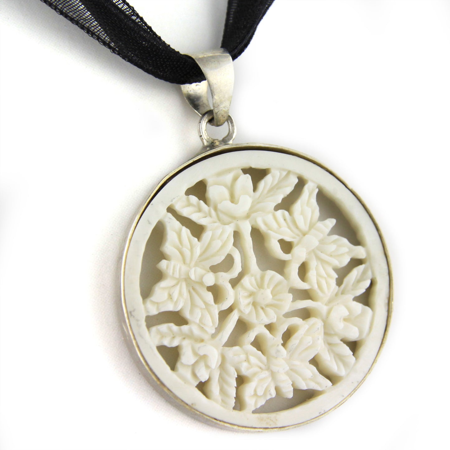 Hand Carved Round Perforated Bone Butterfly Pendant in Silver Casing Necklace – image 2 – Evolatree Jewelry