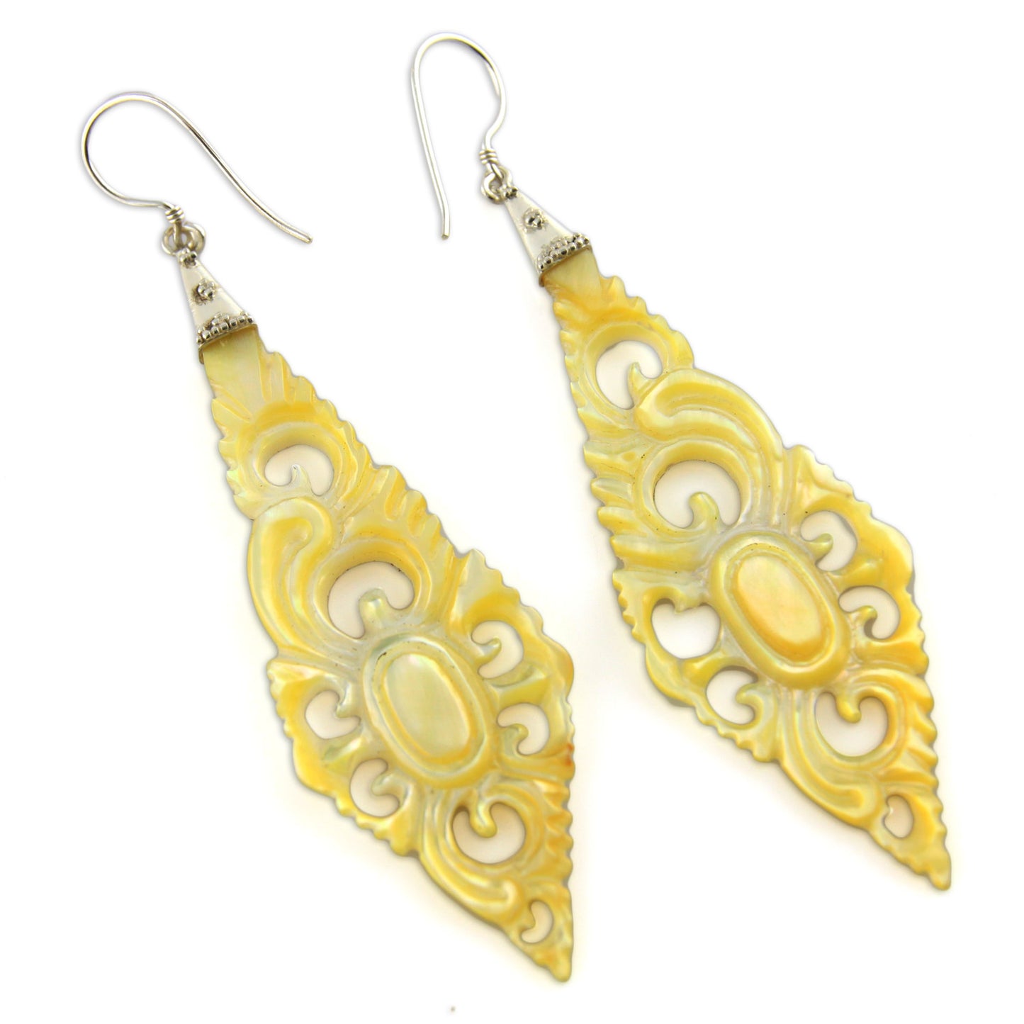 Hand Carved Shell Floral Diamond Crest - and Silver Earrings – image 2 – Evolatree Jewelry