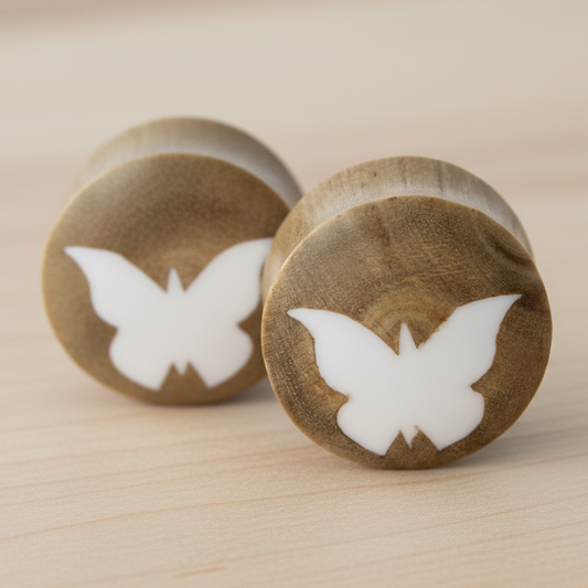 Hand Carved Resin & Wood Butterfly Ear Plugs