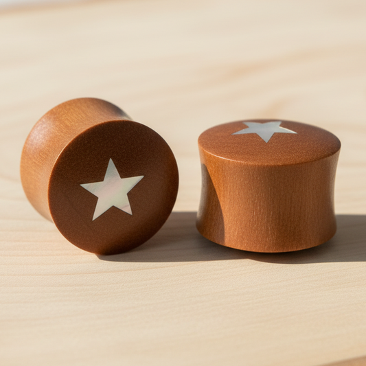Hand Carved MOP & Wood Star Ear Plugs