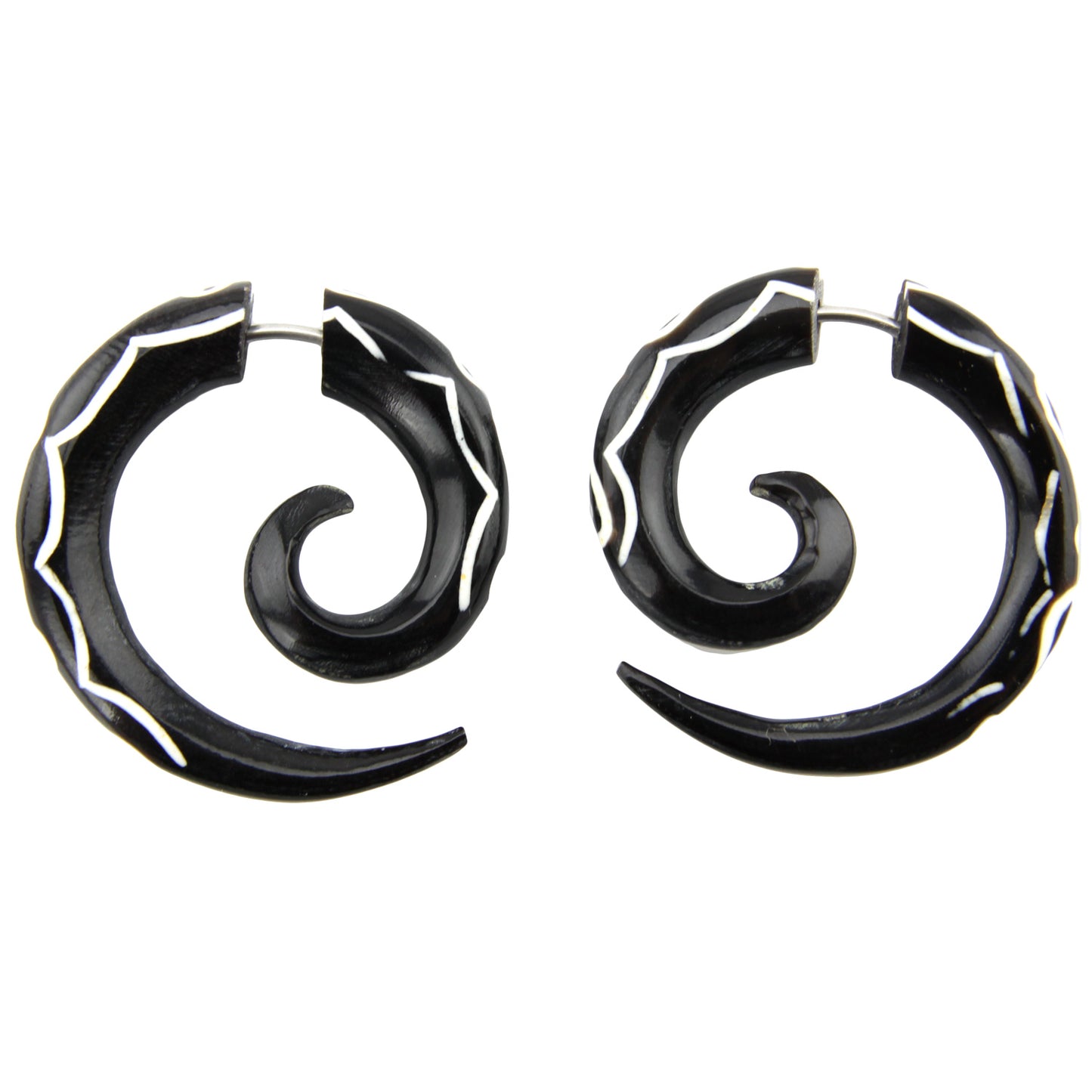Hand Carved Horn White & Black Large Spiral Earrings - Steel Posts – Evolatree Jewelry