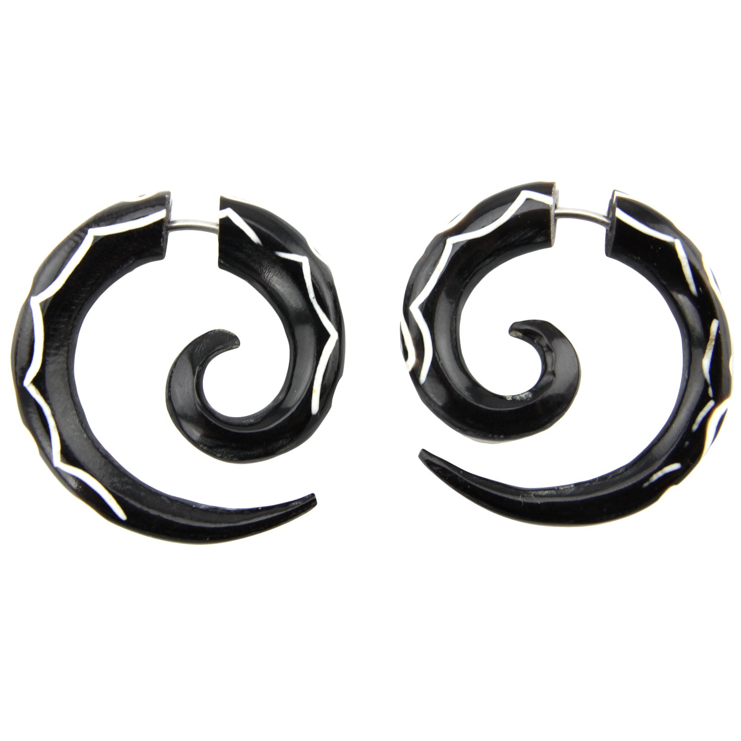 Hand Carved Horn White & Black Large Spiral Earrings - Steel Posts – Evolatree Jewelry