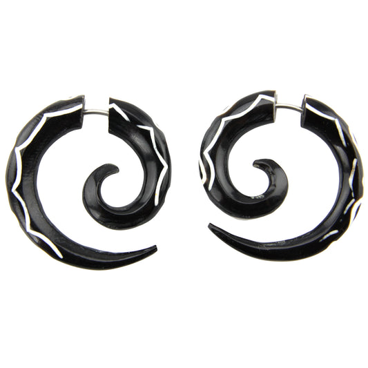 Hand Carved Horn White & Black Large Spiral Earrings - Steel Posts – Evolatree Jewelry