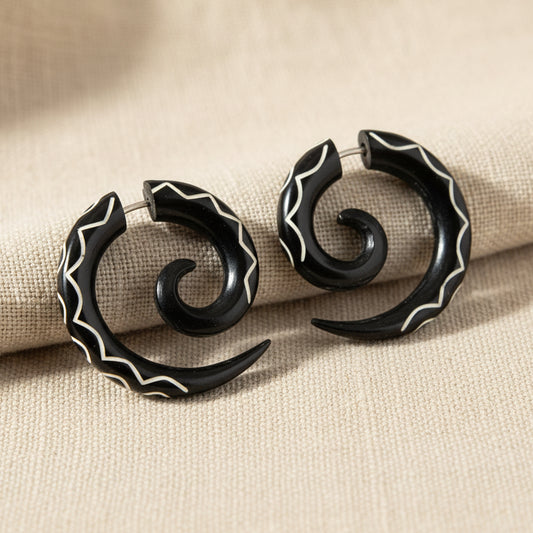 Hand Carved Horn White & Black Large Spiral Earrings - Steel Posts – Evolatree Jewelry