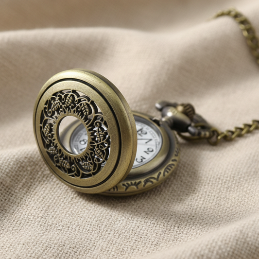 Brass Locket Watch Necklace - Perforated Leaf Quartz Pendant
