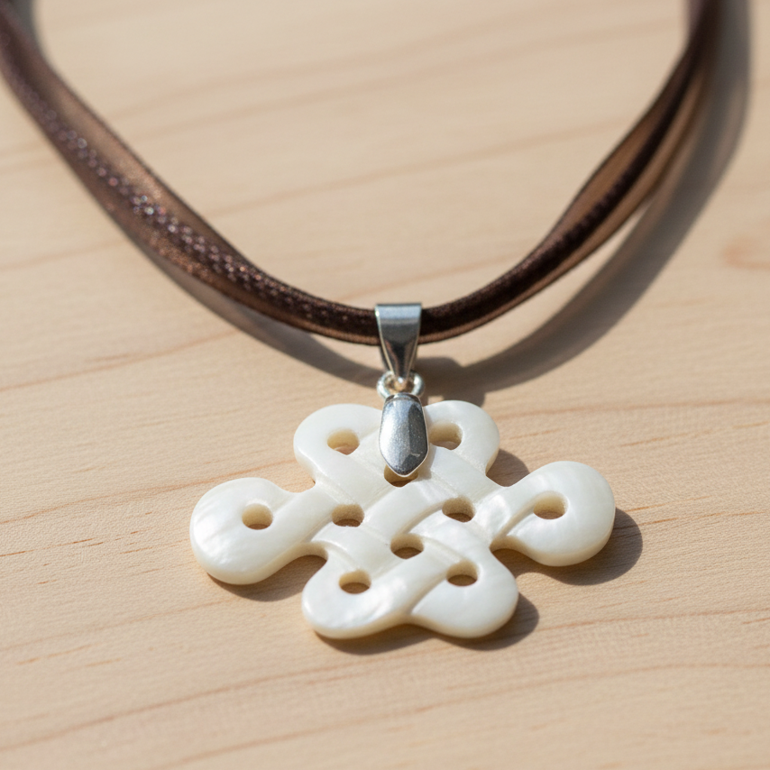 Hand Carved Small Good Luck Knot Pendant - Bone Pendant - Brown Ribbon Necklace