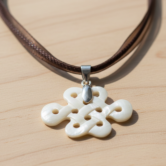 Hand Carved Small Good Luck Knot Pendant - Bone Pendant - Brown Ribbon Necklace