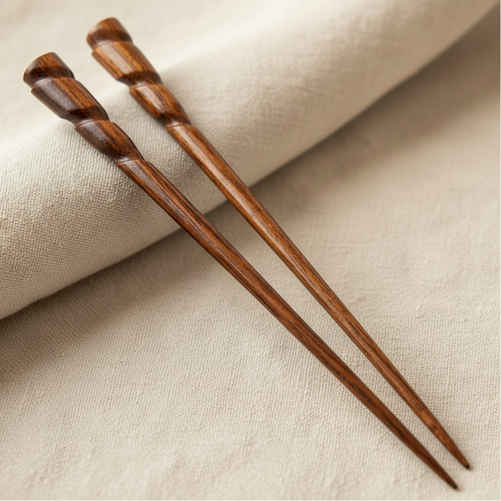 Natural Hair Pin Chopsticks - Pair of Spiral Hair Sticks for Women and Men - Hand Carved Wood Styling Pin Set - Wide Cut Spiral - 7.5 Inches Long