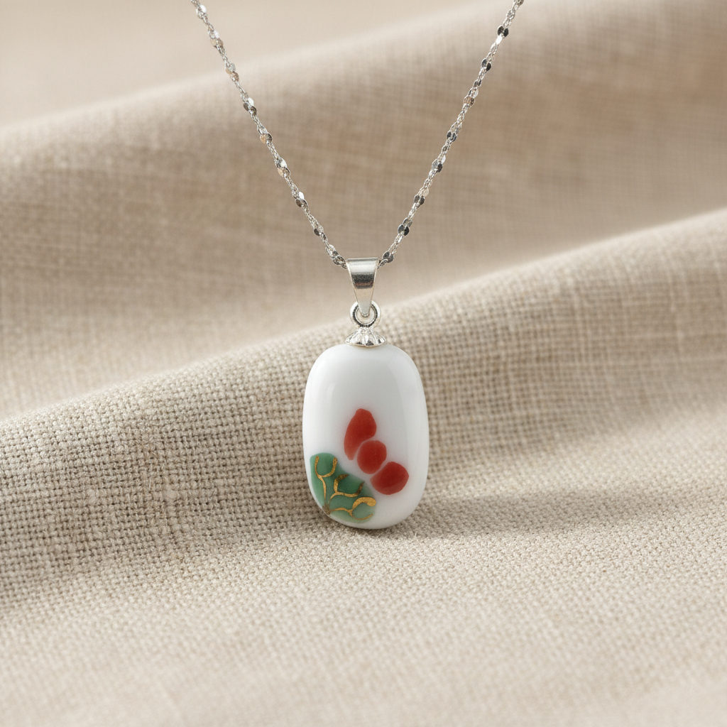Hand Painted Ceramic - Silver Pendant Necklace
