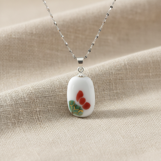Hand Painted Ceramic - Silver Pendant Necklace
