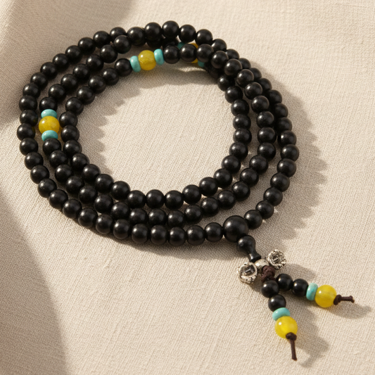 Black Wood & Yellow Turquoise Offset Mala Necklace