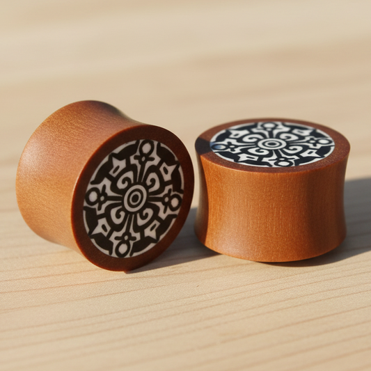 Hand Carved Resin & Wood Mandala Ear Plugs