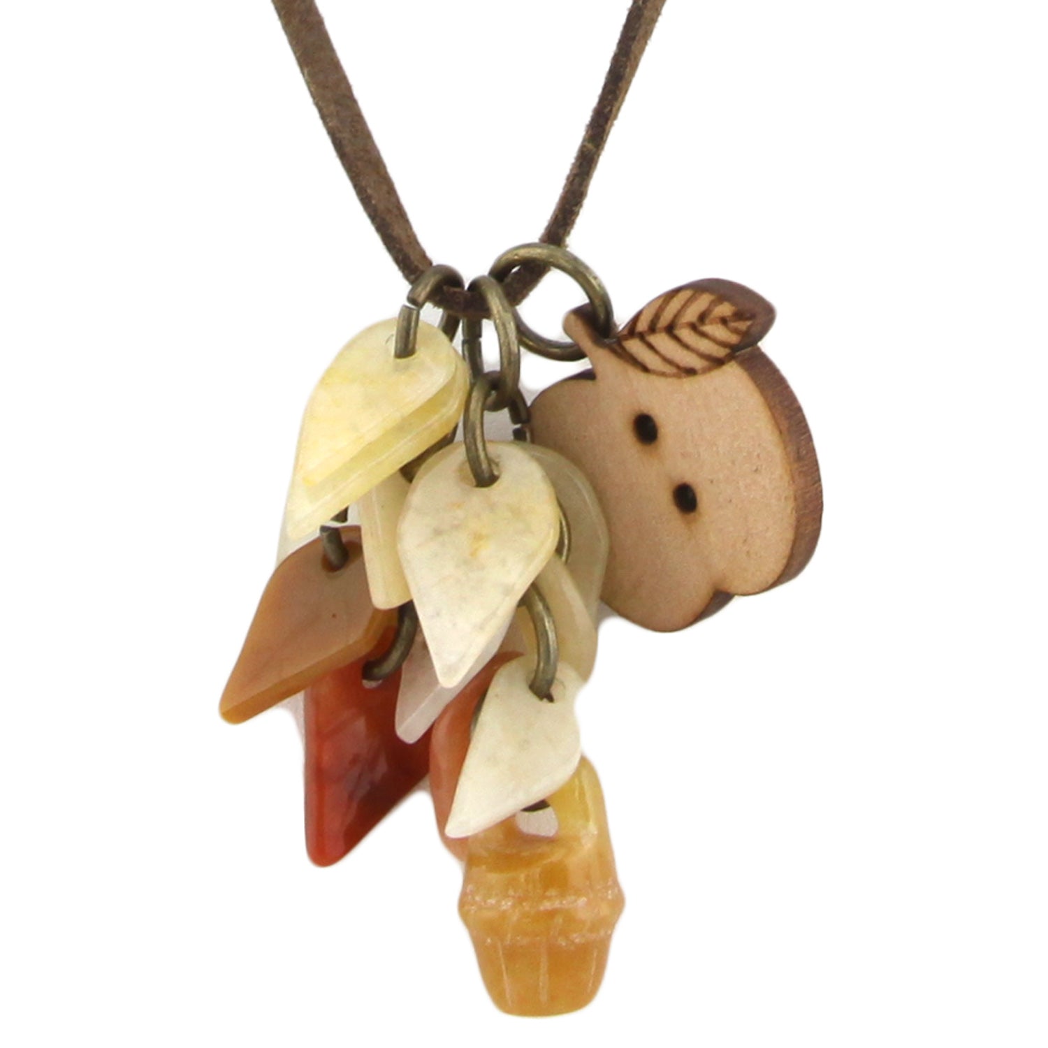 Natural Stone Flower & Leaf Wood Apple Charm Pendant with Brown Leather Necklace – Evolatree Jewelry