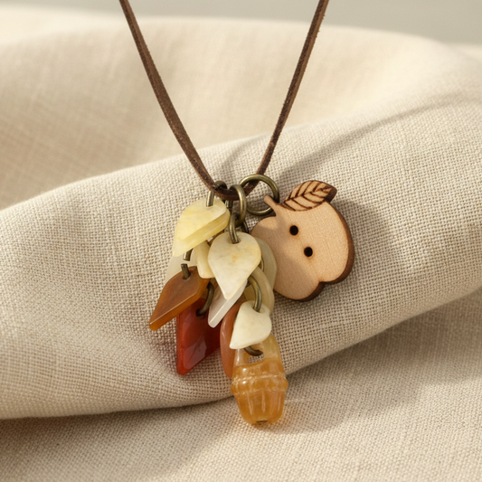 Natural Stone Flower & Leaf Wood Apple Charm Pendant with Brown Leather Necklace