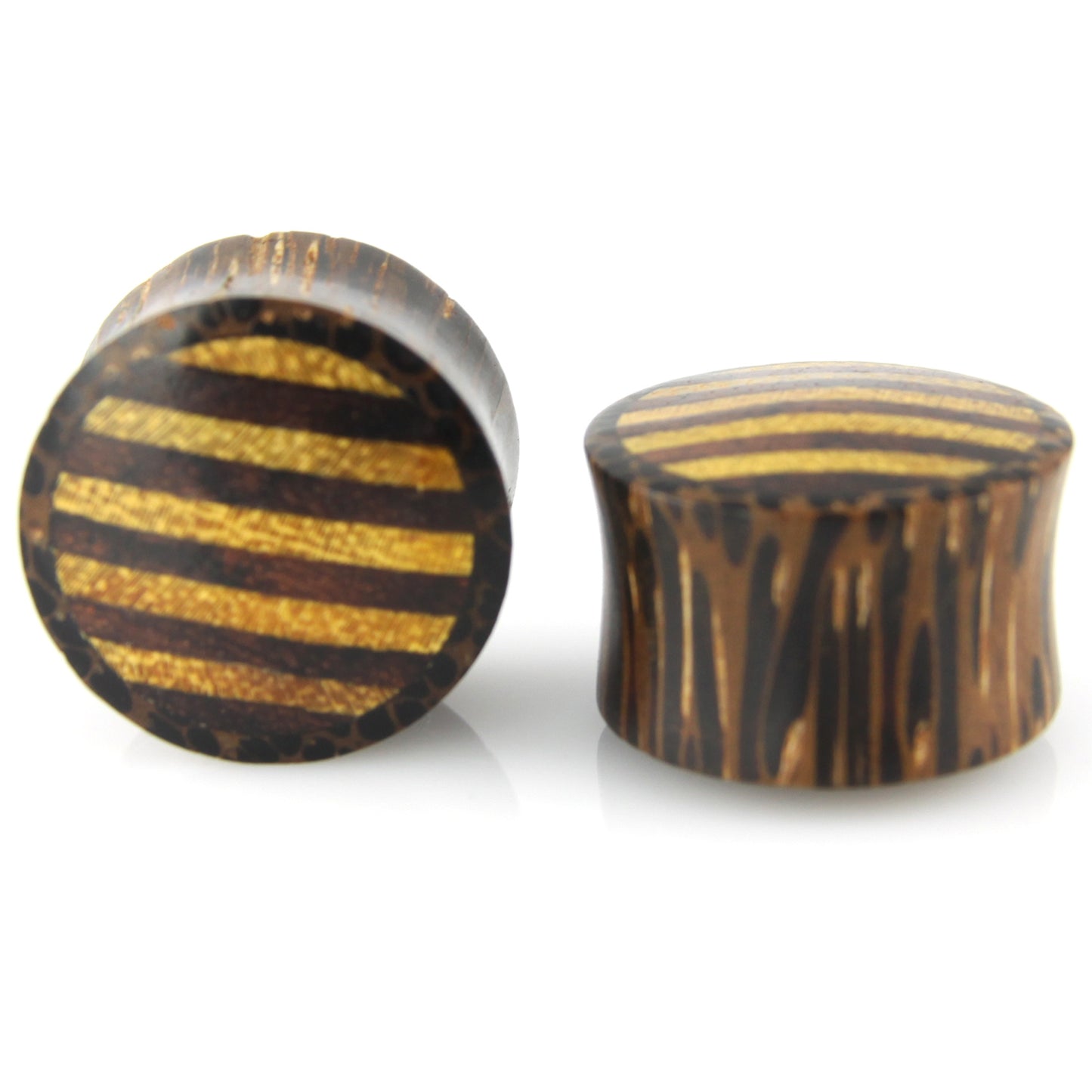 Hand Carved Wood Stripes Ear Plugs – image 4 – Evolatree Jewelry
