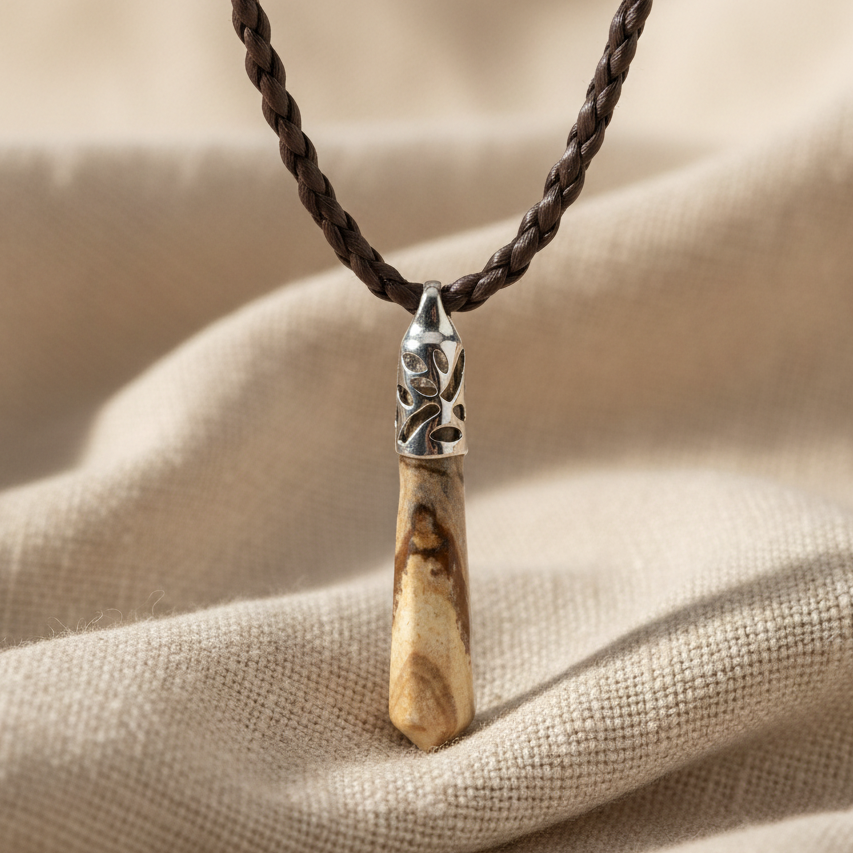 Marble Cut Stone Leafy Fitting Pendant with Brown Woven Necklace
