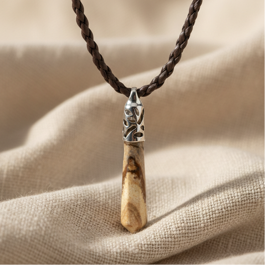Marble Cut Stone Leafy Fitting Pendant with Brown Woven Necklace