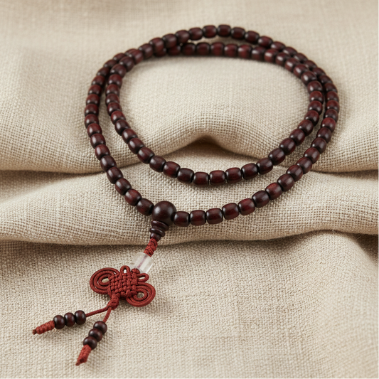 Mahogany Colored - Good Luck Knot Pendant - Jade Swastika - Stretch Mala Necklace