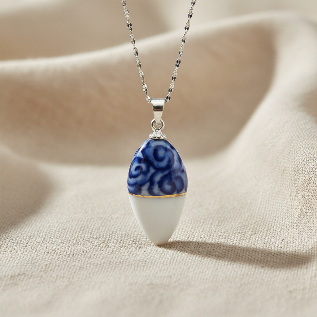 Hand Painted Ceramic - Silver Pendant Necklace