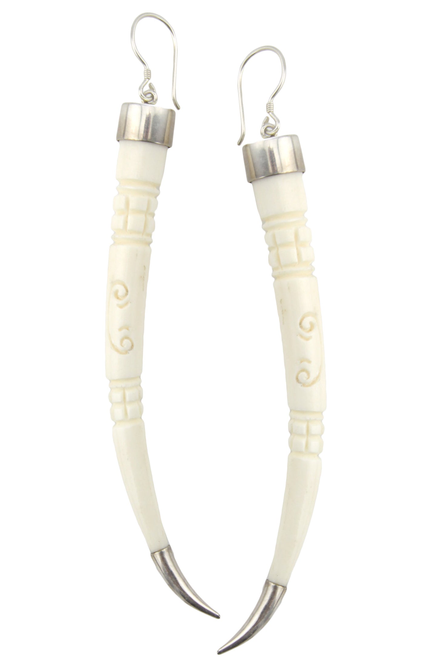 Hand Carved Bone Long Curved Spike with Carved Design - & Silver Earrings – Evolatree Jewelry