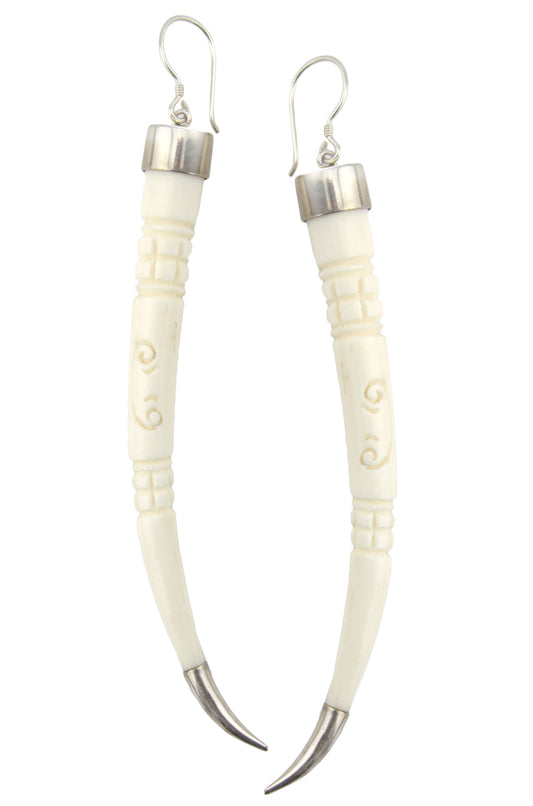 Hand Carved Bone Long Curved Spike with Carved Design - & Silver Earrings – Evolatree Jewelry