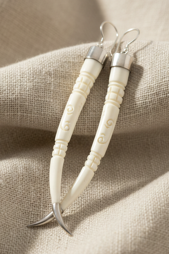 Hand Carved Bone Long Curved Spike with Carved Design - & Silver Earrings