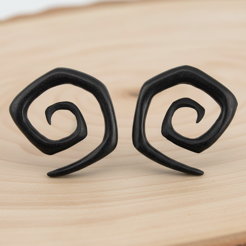 Hand Carved Areng Wood Spiral Square Ear Plugs