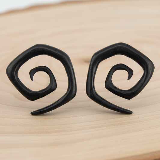 Hand Carved Areng Wood Spiral Square Ear Plugs