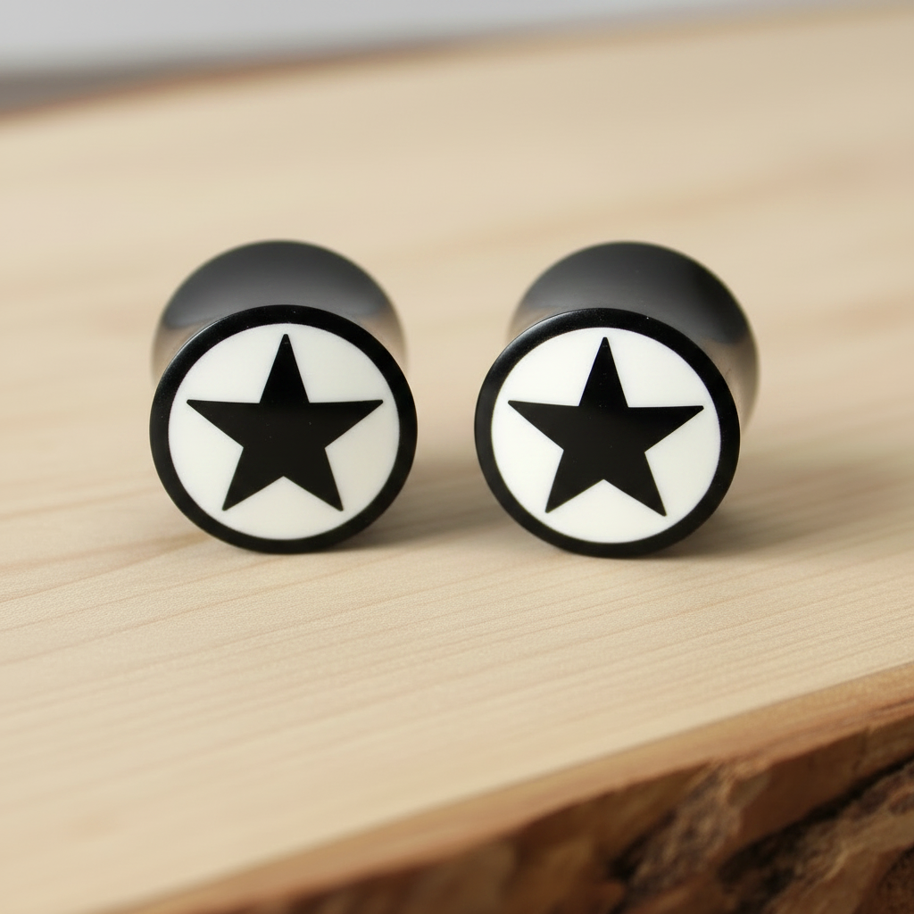 Hand Carved Horn Plugs with Black and White Star Inlay Ear Plugs - 12mm / 0000g