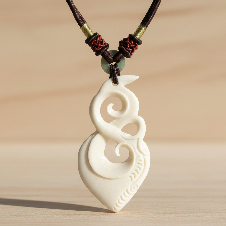 Hand Carved Organic Filigree Pendant - Bone Pendant - Beaded Mahogany Adjustable Necklace