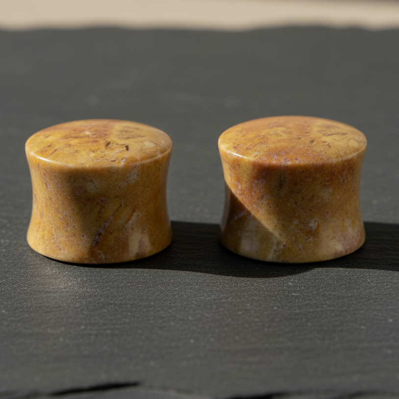Hand Carved Fossilized Coral Ear Plugs - Rose and Tan Hue - 14mm / 9/16