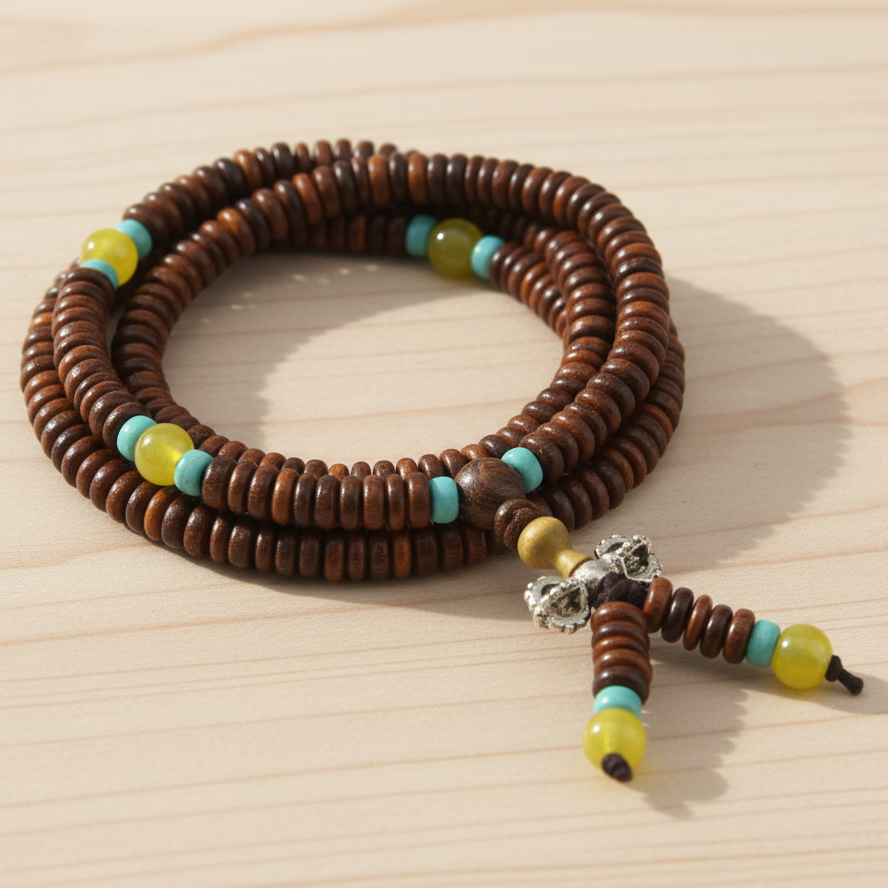 Brown Wood & Yellow Turquoise Offset Mala Necklace