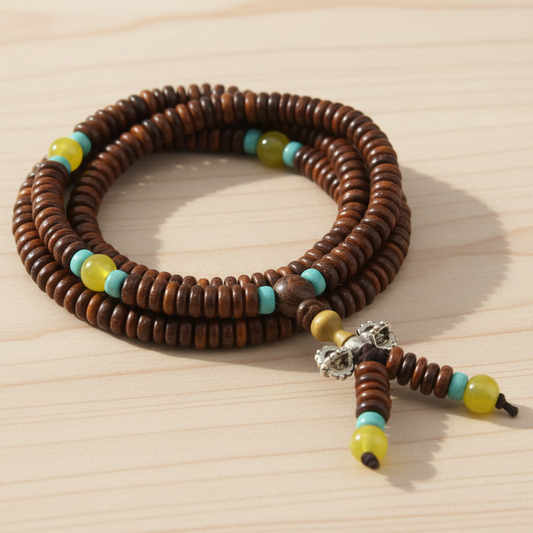 Brown Wood & Yellow Turquoise Offset Mala Necklace