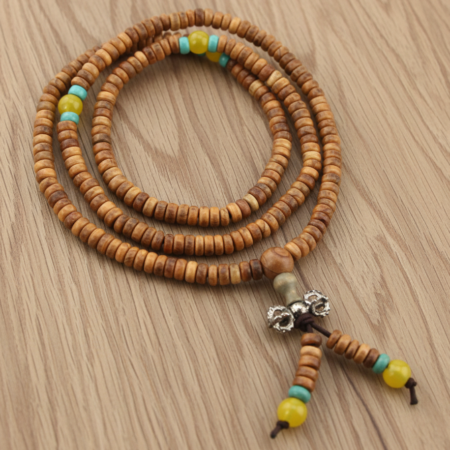 Light Brown Wood & Yellow Turquoise Offset Mala Necklace