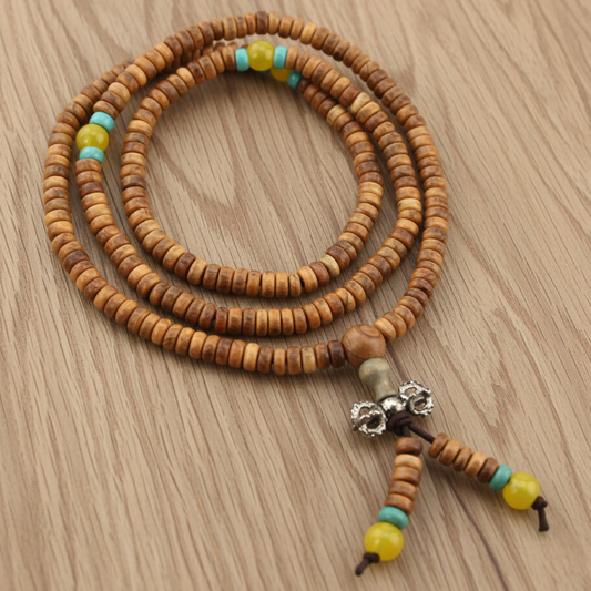 Light Brown Wood & Yellow Turquoise Offset Mala Necklace