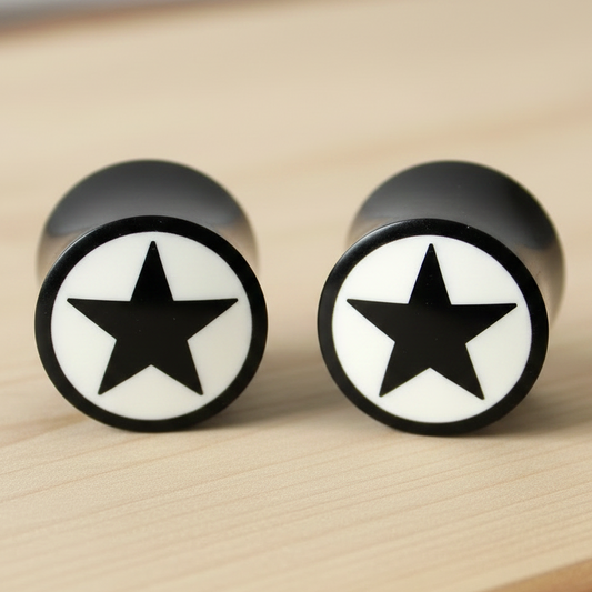 Hand Carved Horn Plugs with Black and White Star Inlay Ear Plugs - 12mm / 0000g