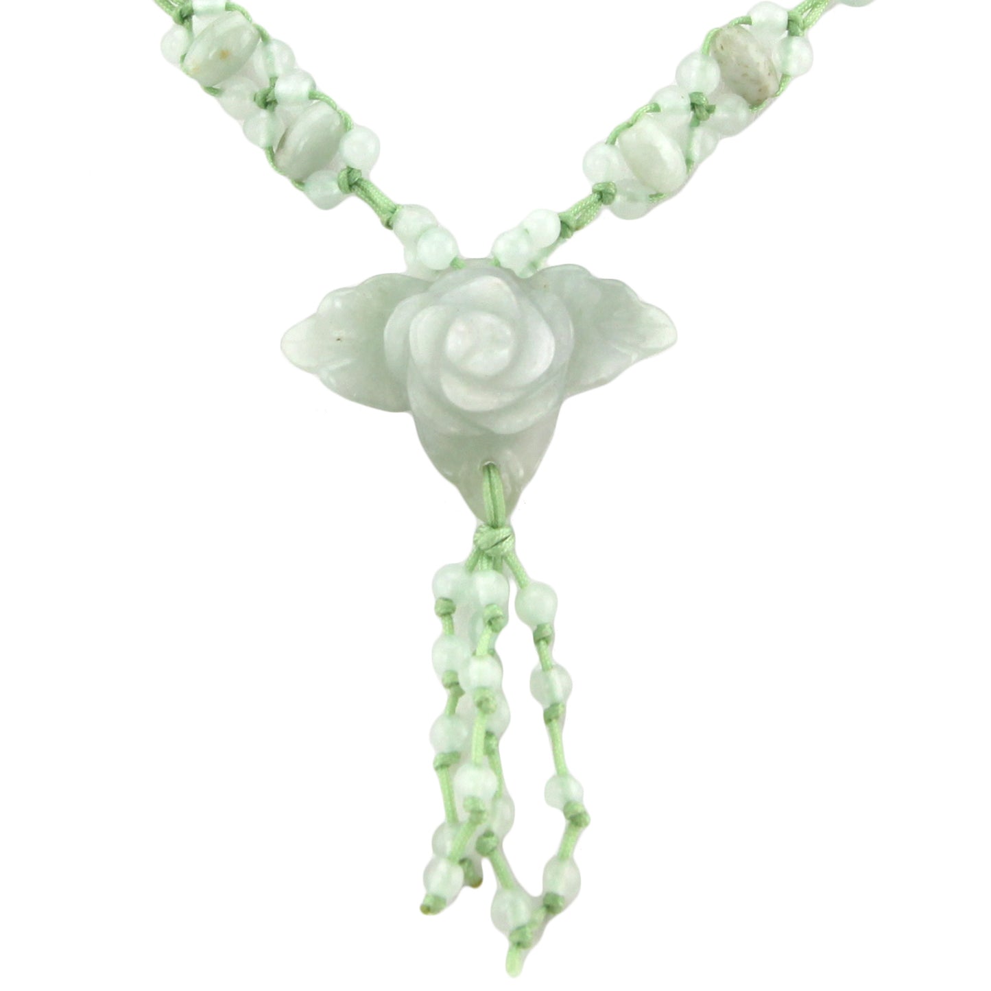 Leafy Flower Carved Natural Stone Pendant - Beaded Sage Green Woven Necklace – Evolatree Jewelry