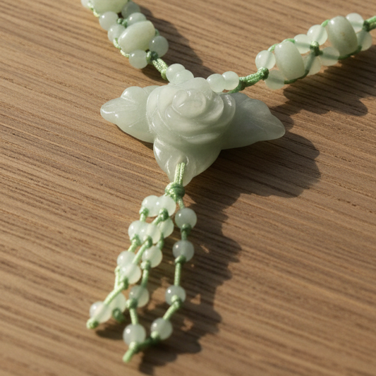 Leafy Flower Carved Natural Stone Pendant - Beaded Sage Green Woven Necklace
