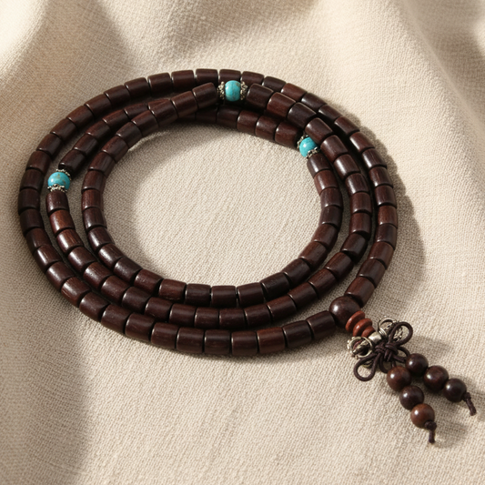 Dark Wood & Turquoise Mala Necklace