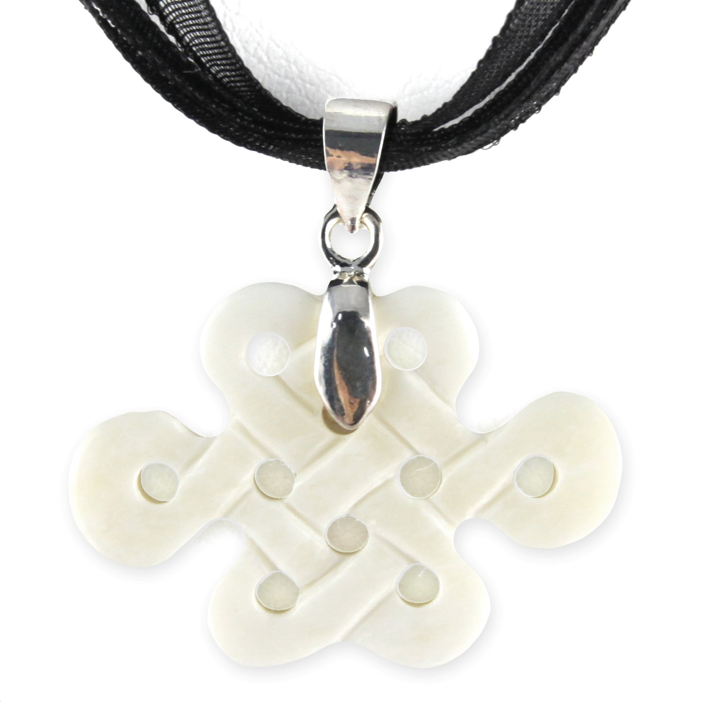 Hand Carved Small Good Luck Knot Pendant - Bone Pendant - Black Ribbon Necklace – Evolatree Jewelry