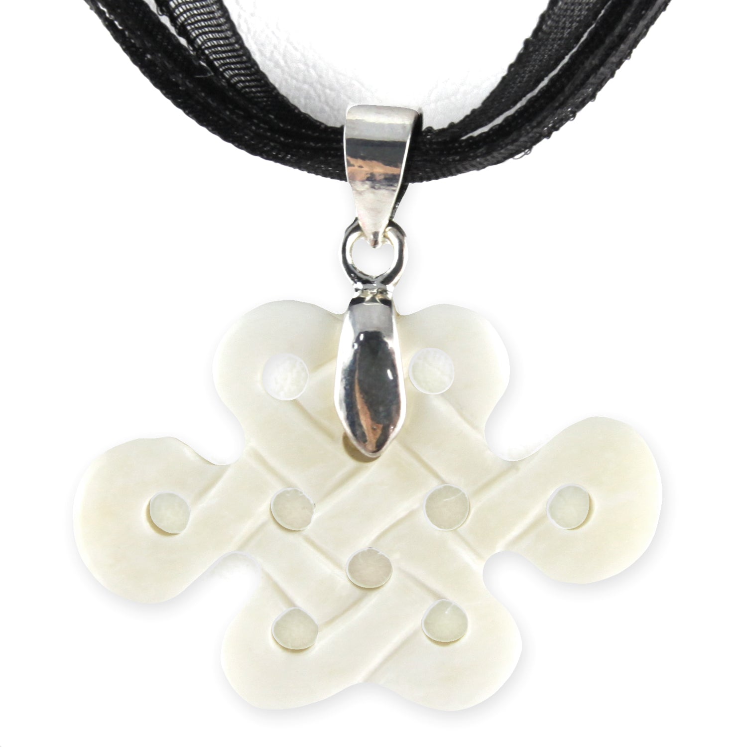 Hand Carved Small Good Luck Knot Pendant - Bone Pendant - Black Ribbon Necklace – Evolatree Jewelry