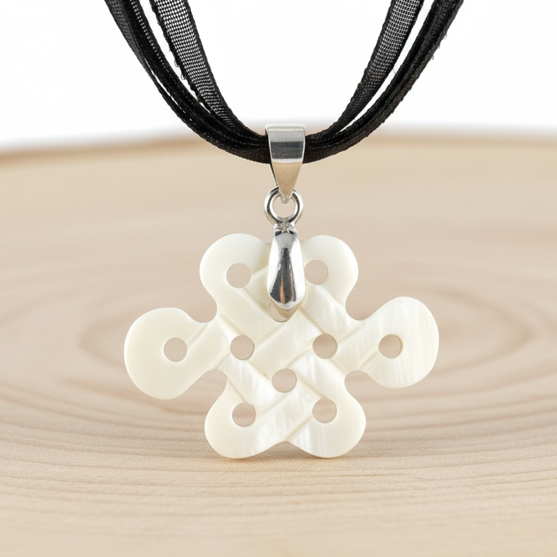 Hand Carved Small Good Luck Knot Pendant - Bone Pendant - Black Ribbon Necklace